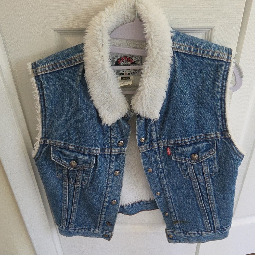 Vintage 80's Levi's Denim Sherpa Vest - Blue with White Faux Fur Collar